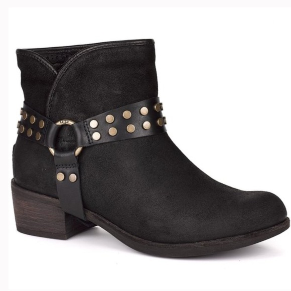 Ugg Darling Black Suede Leather Harness Ankle Boots Sz 7 - Picture 1 of 11
